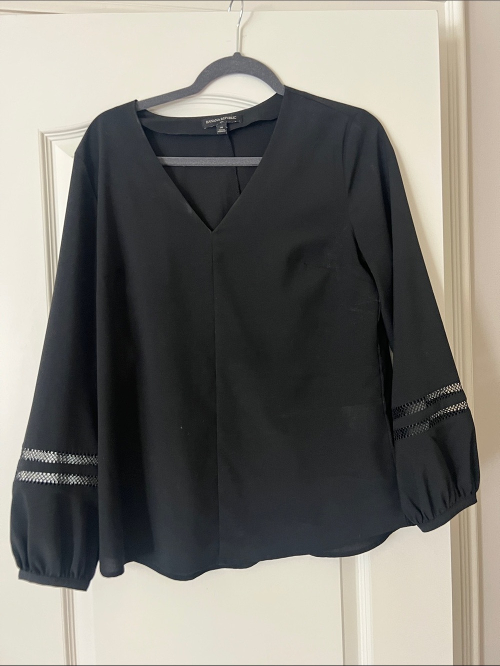 Banana Republic Black V-Neck Blouse with Lace-Inset Sleeves